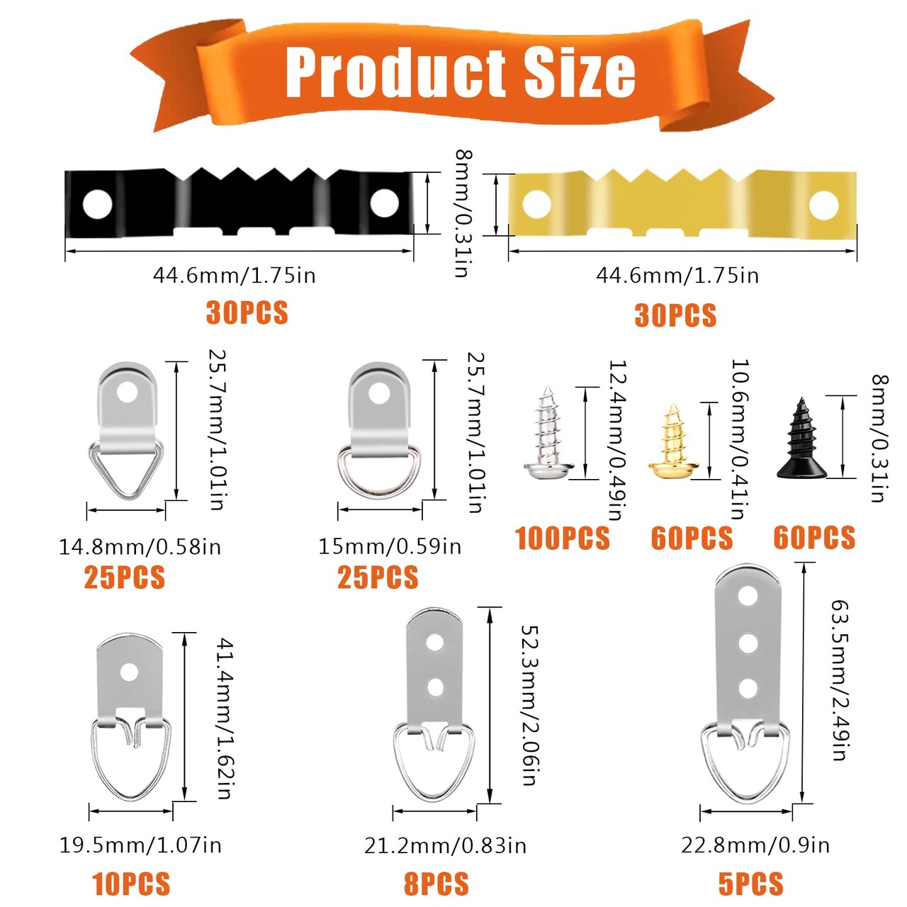 353PCS Picture Hanging Kit with Screws, Saw-tooth, D Ring Picture Hangers Assortment, Picture Hanging Hardware Tool for Frame Hanging - 7 Models